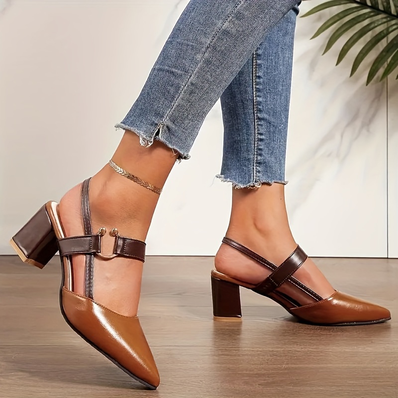 womens trendy chunky heel sandals elegant point toe dress pumps fashion slingback heels details 3