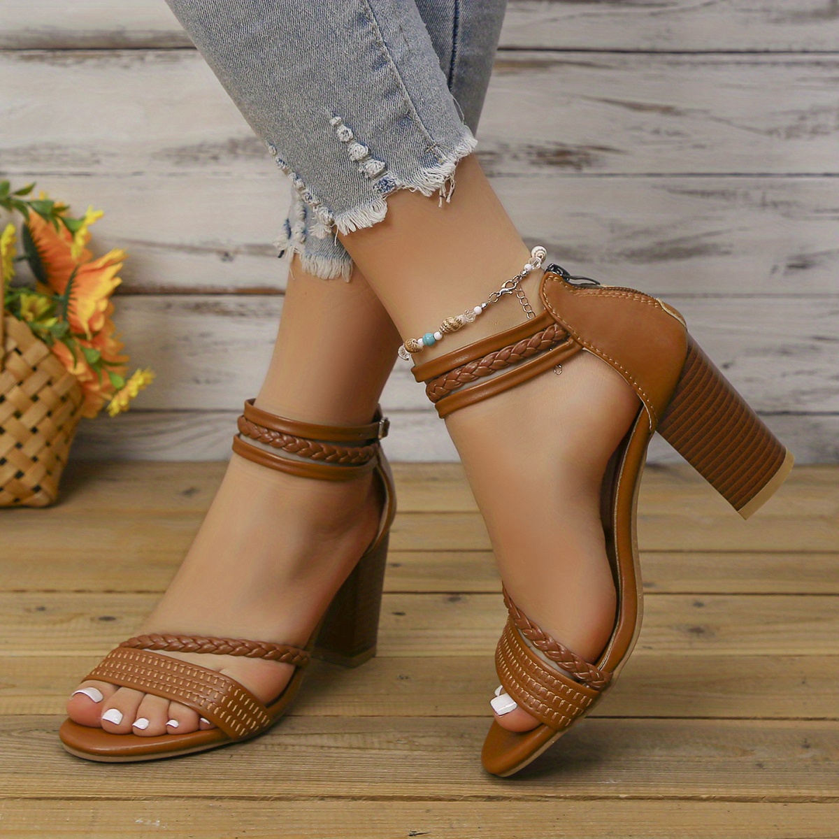 womens block heeled sandals braided strap peep toe ankle strap zipper high heels fashion stacked heeled sandals details 7