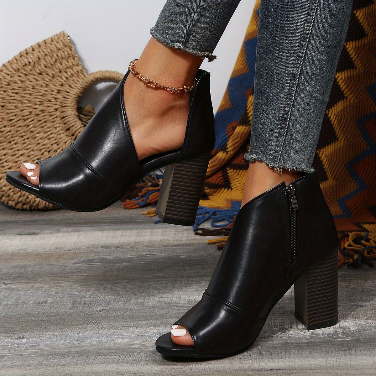 womens block heeled sandals fashion peep toe side zipper pumps comfortable summer sandals details 1