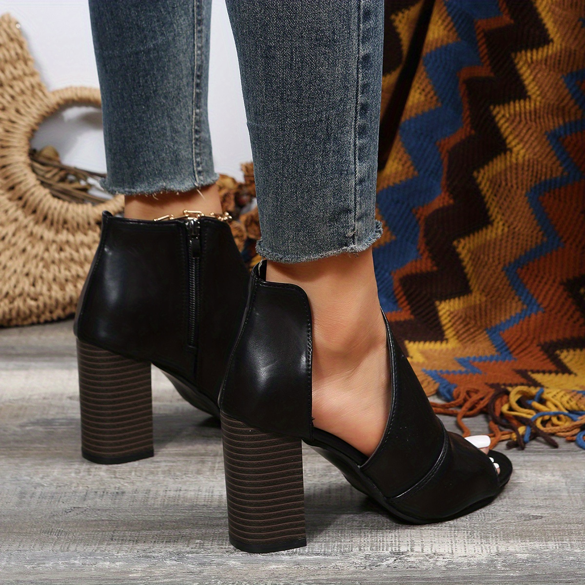 womens block heeled sandals fashion peep toe side zipper pumps comfortable summer sandals details 5