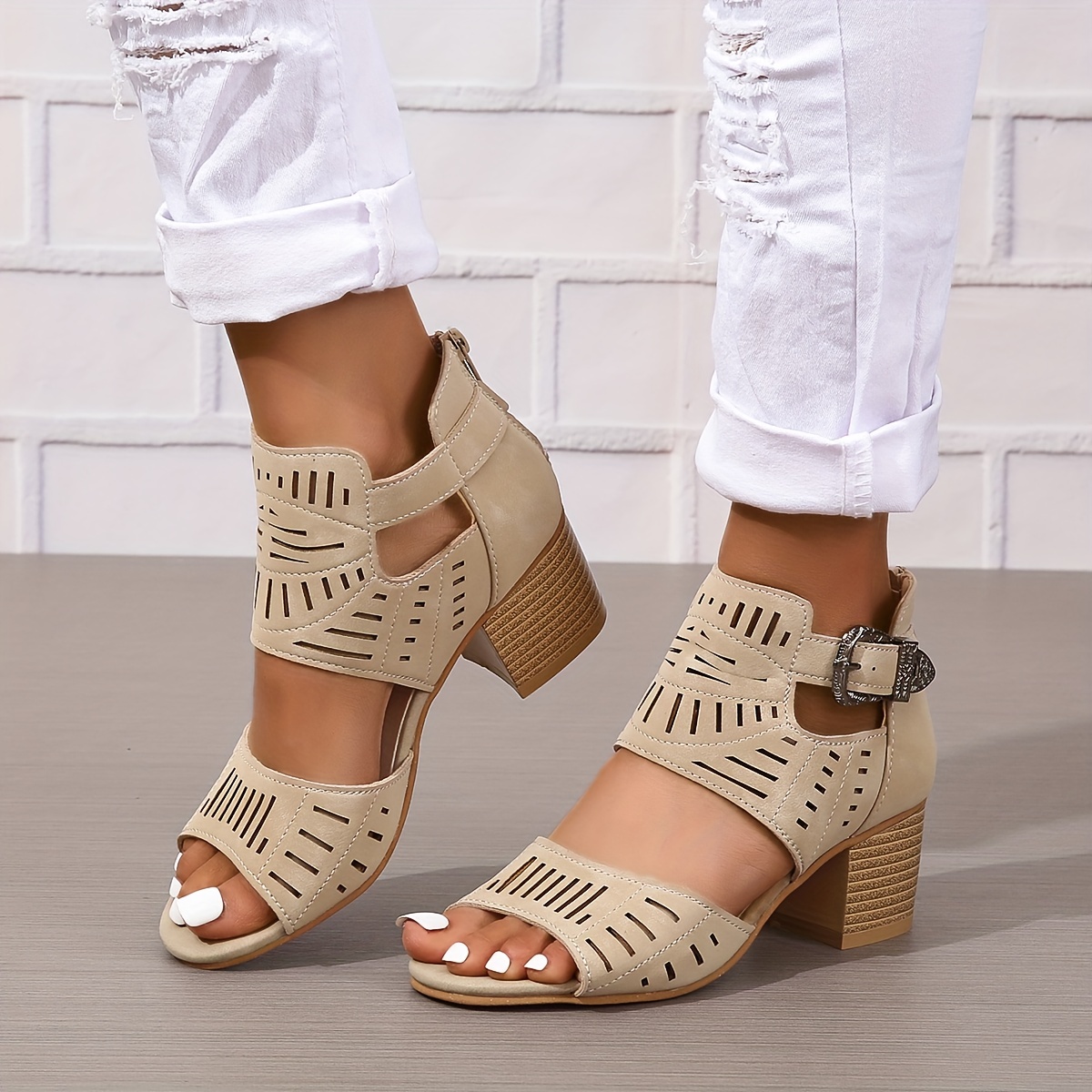 chunky heeled sandals, womens chunky heeled sandals peep toe perforated ankle buckle strap mid heels back zipper design sandals details 2