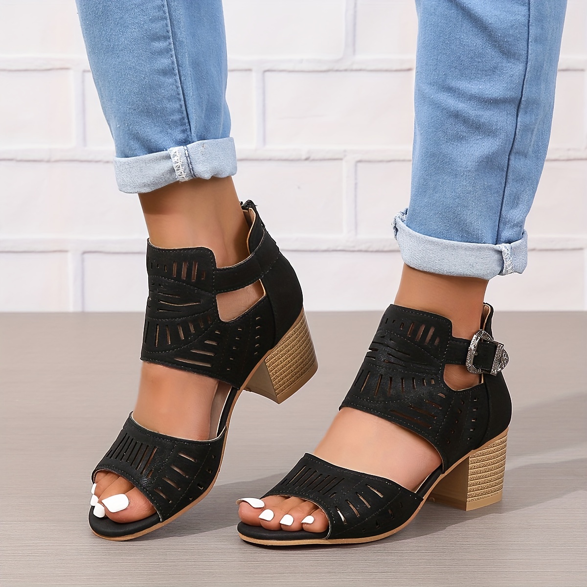 chunky heeled sandals, womens chunky heeled sandals peep toe perforated ankle buckle strap mid heels back zipper design sandals details 4