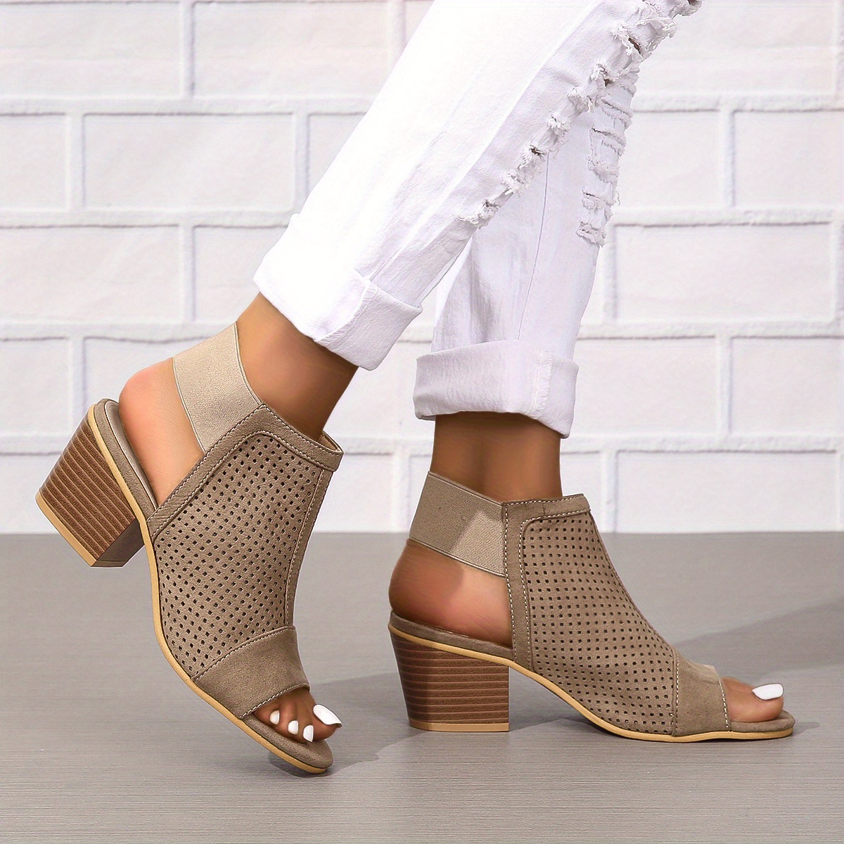 womens chunky heeled sandals retro perforated peep toe elastic strap slingback shoes solid color slip on sandals details 5