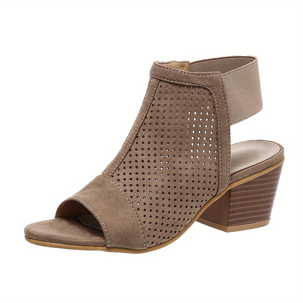 womens chunky heeled sandals retro perforated peep toe elastic strap slingback shoes solid color slip on sandals details 7