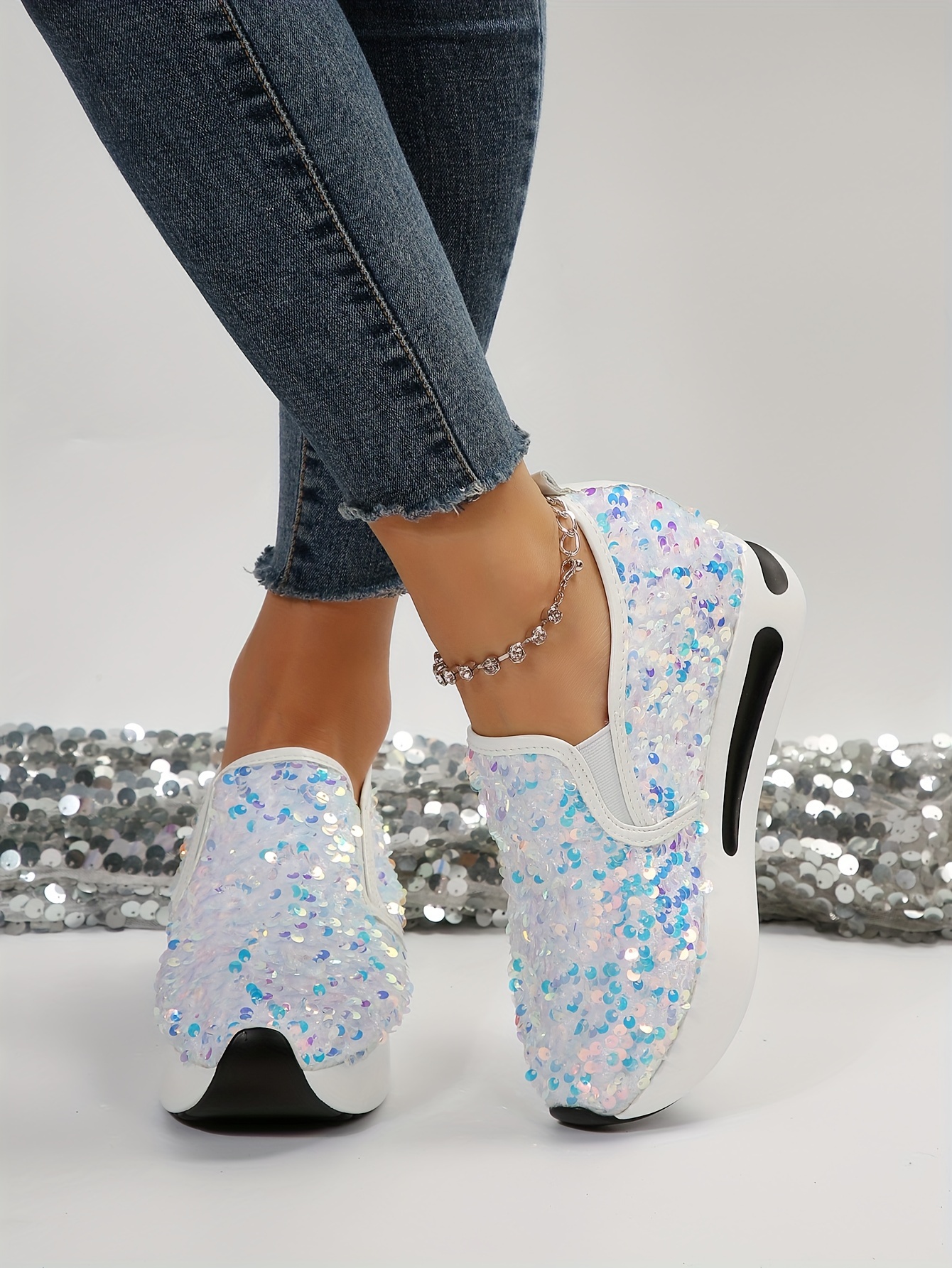 womens sequins platform sneakers casual low top slip on wedge sports shoes fashion walking trainers details 0
