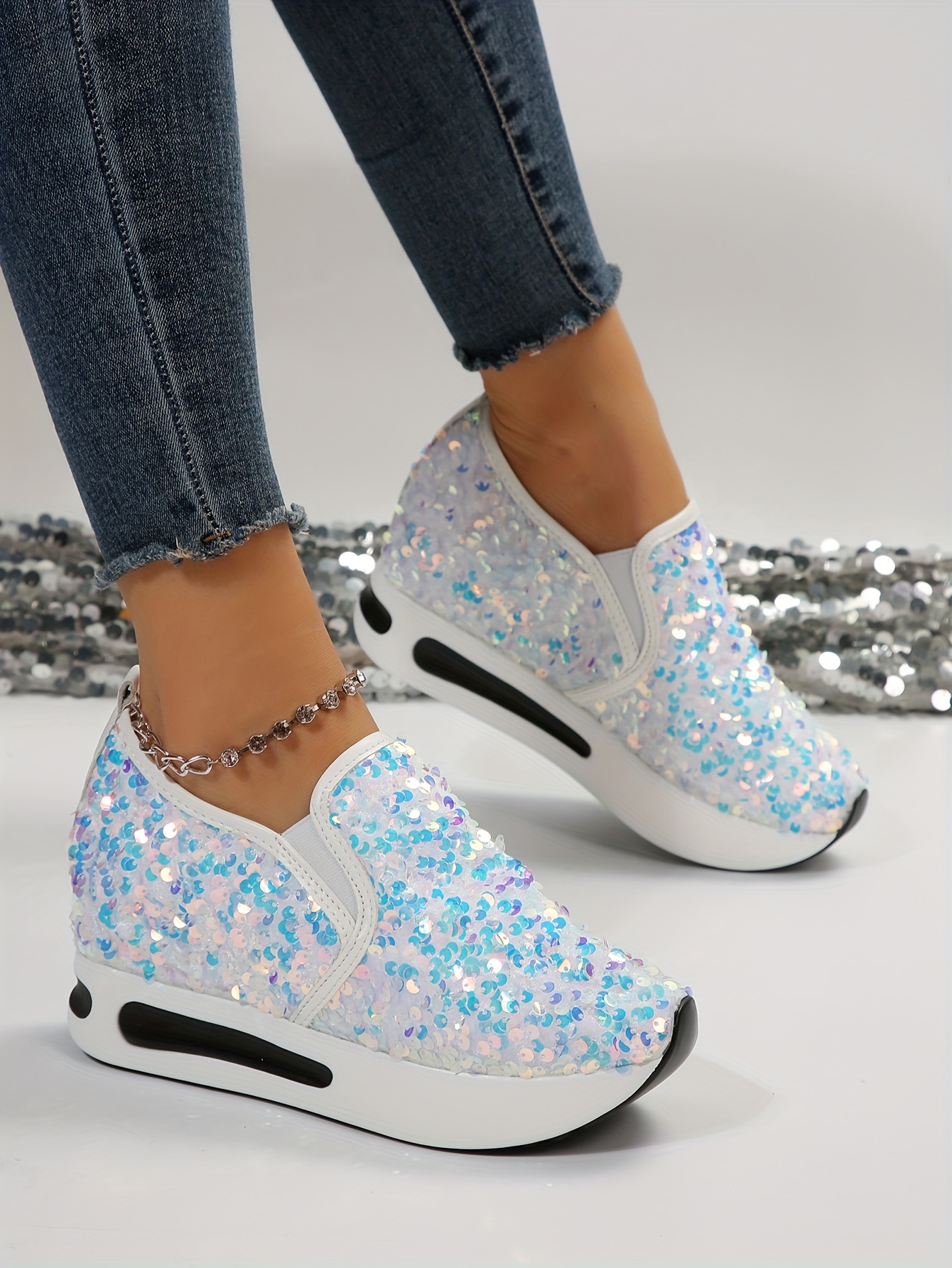 womens sequins platform sneakers casual low top slip on wedge sports shoes fashion walking trainers details 3