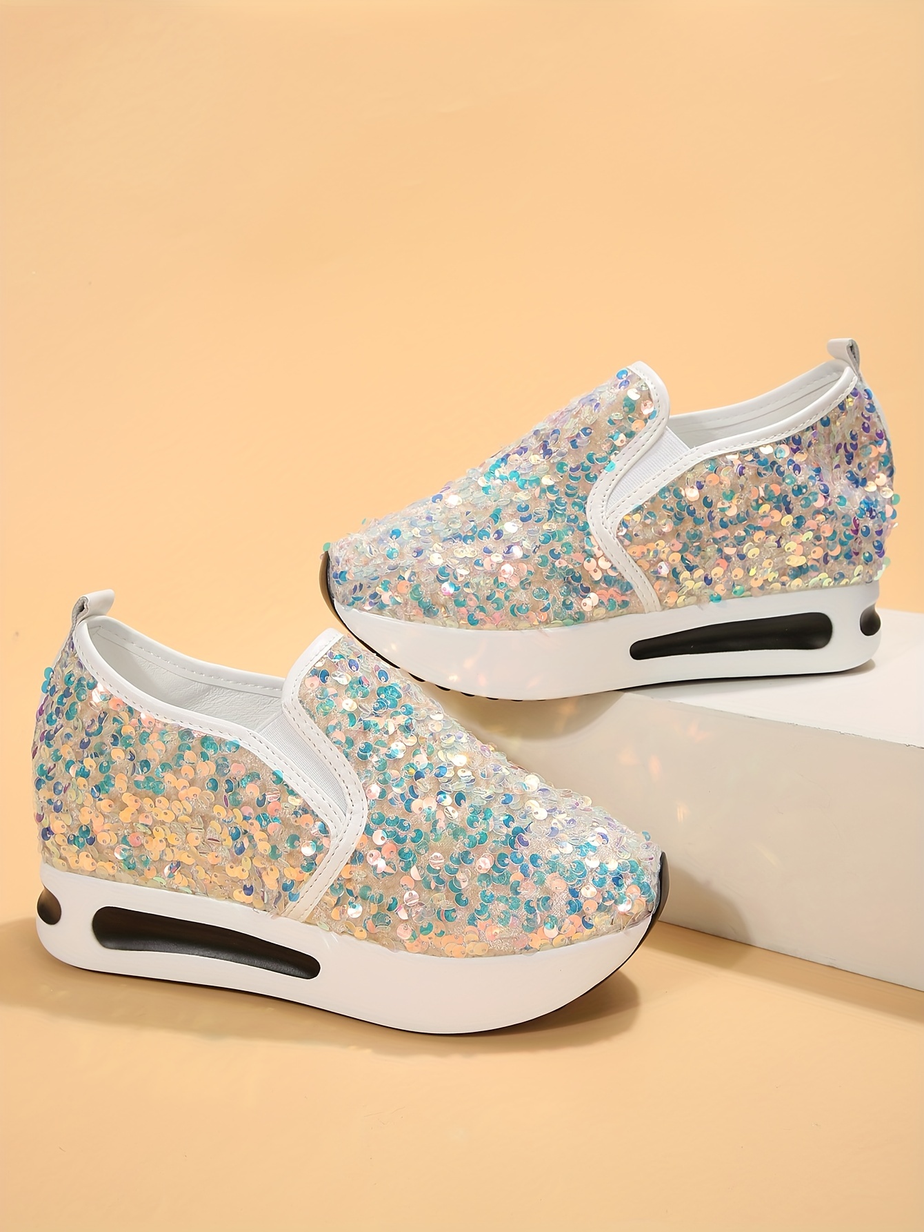 womens sequins platform sneakers casual low top slip on wedge sports shoes fashion walking trainers details 12