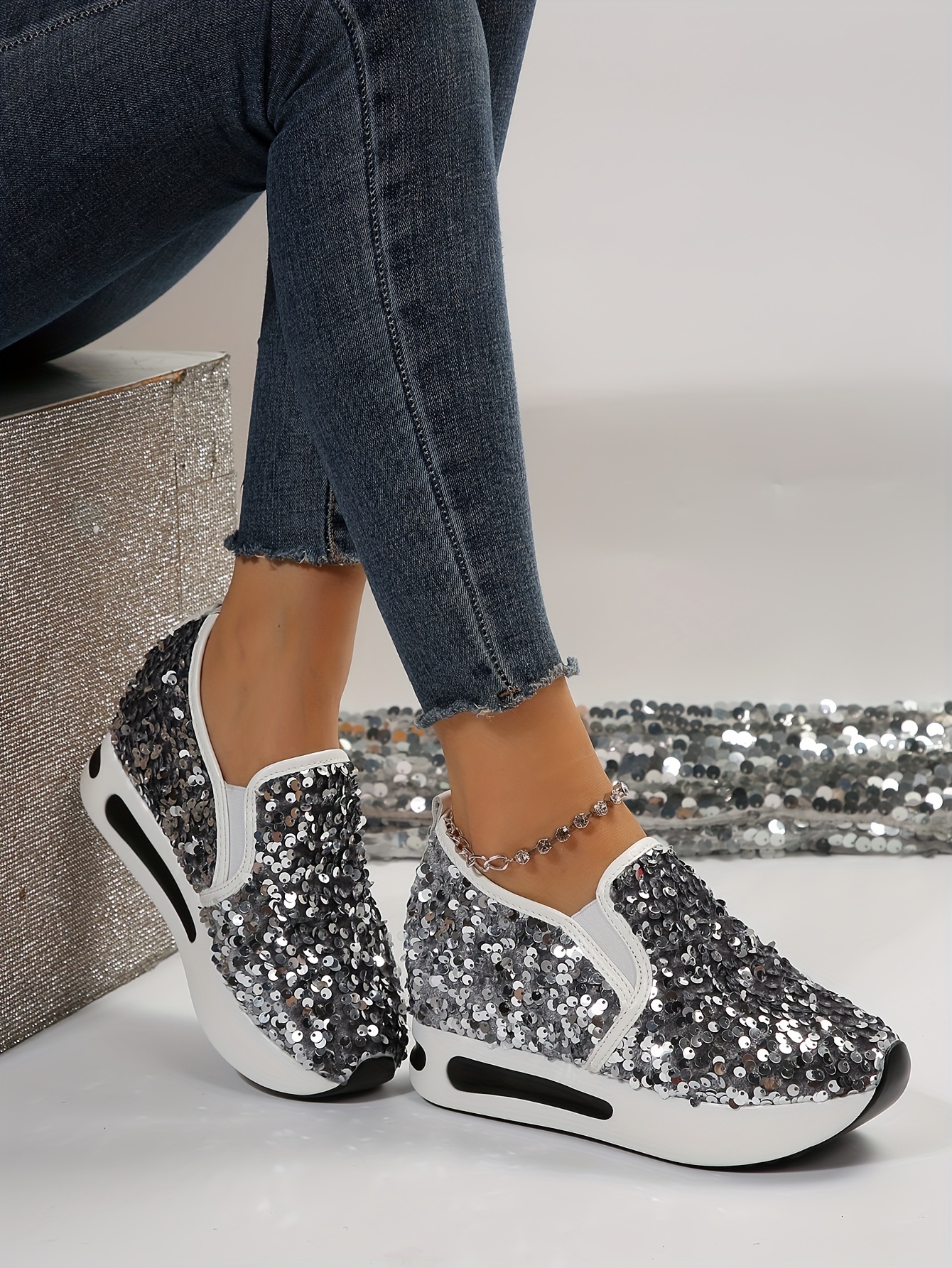 womens sequins platform sneakers casual low top slip on wedge sports shoes fashion walking trainers details 15