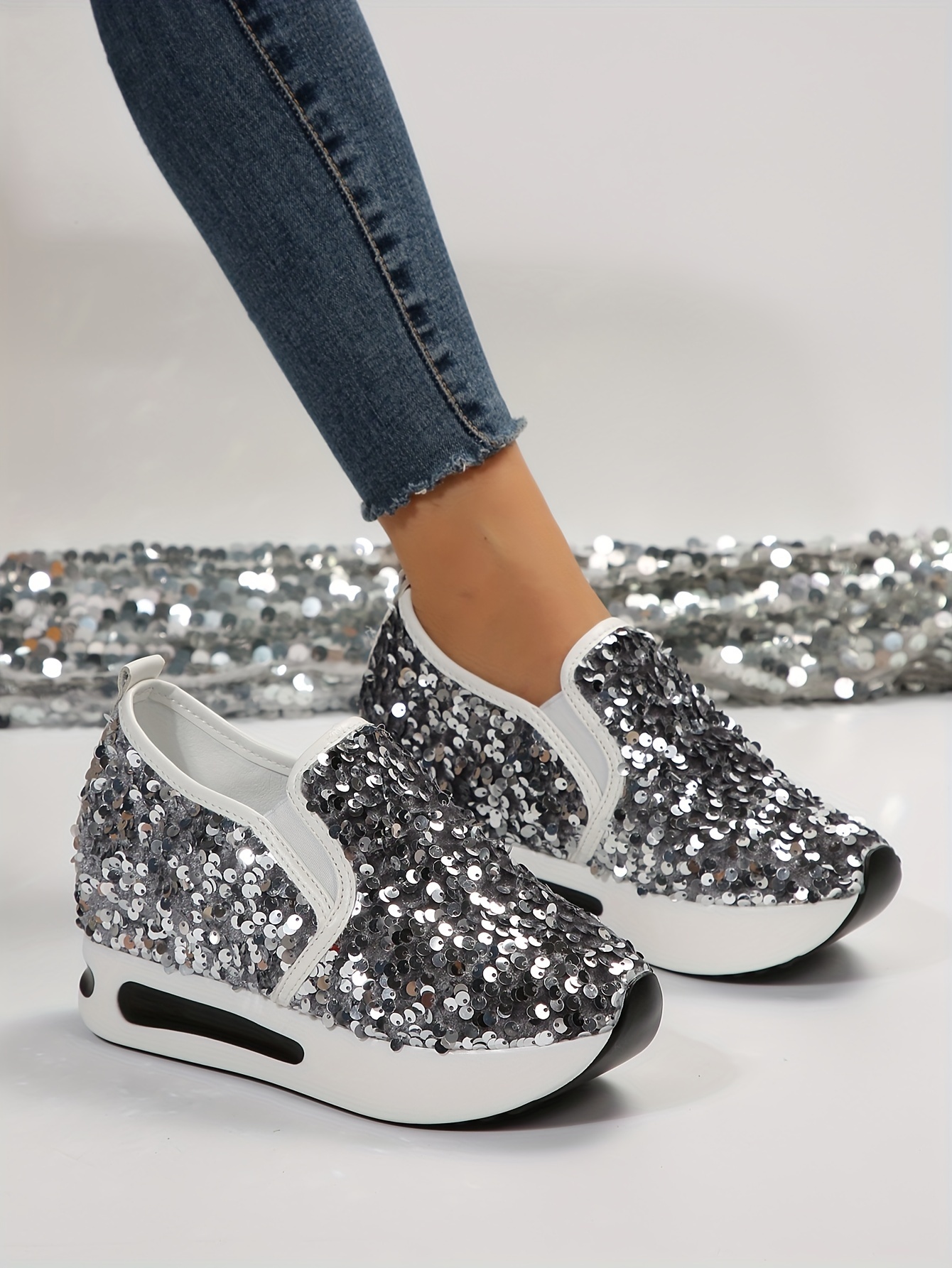 womens sequins platform sneakers casual low top slip on wedge sports shoes fashion walking trainers details 16