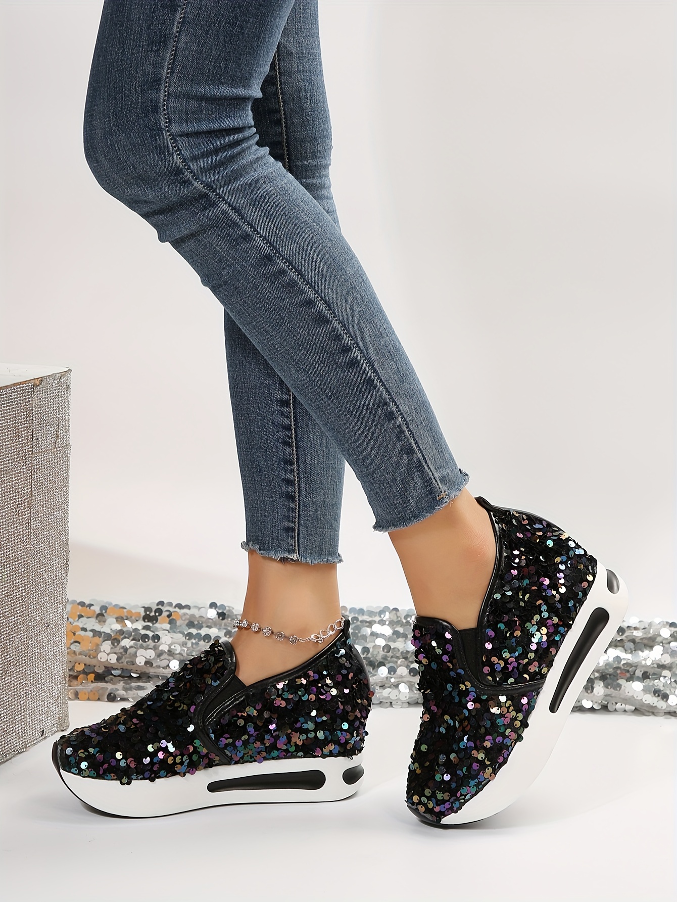 womens sequins platform sneakers casual low top slip on wedge sports shoes fashion walking trainers details 20