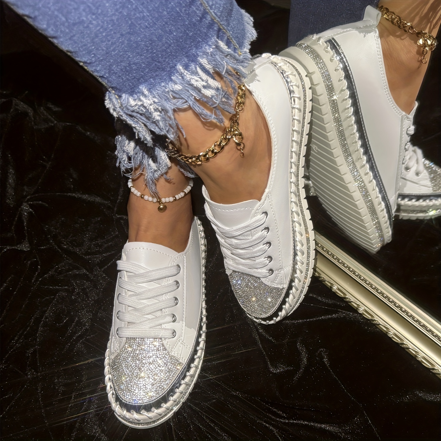 rhinestone flat sneakers, womens rhinestone flat sneakers fashion round toe lace up low top skate shoes all match outdoor trainers details 6