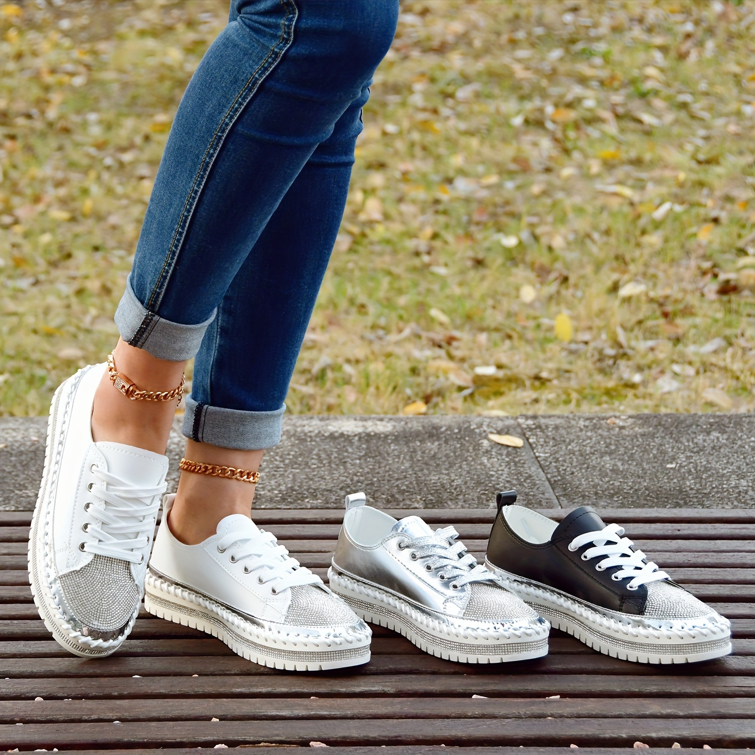 rhinestone flat sneakers, womens rhinestone flat sneakers fashion round toe lace up low top skate shoes all match outdoor trainers details 8