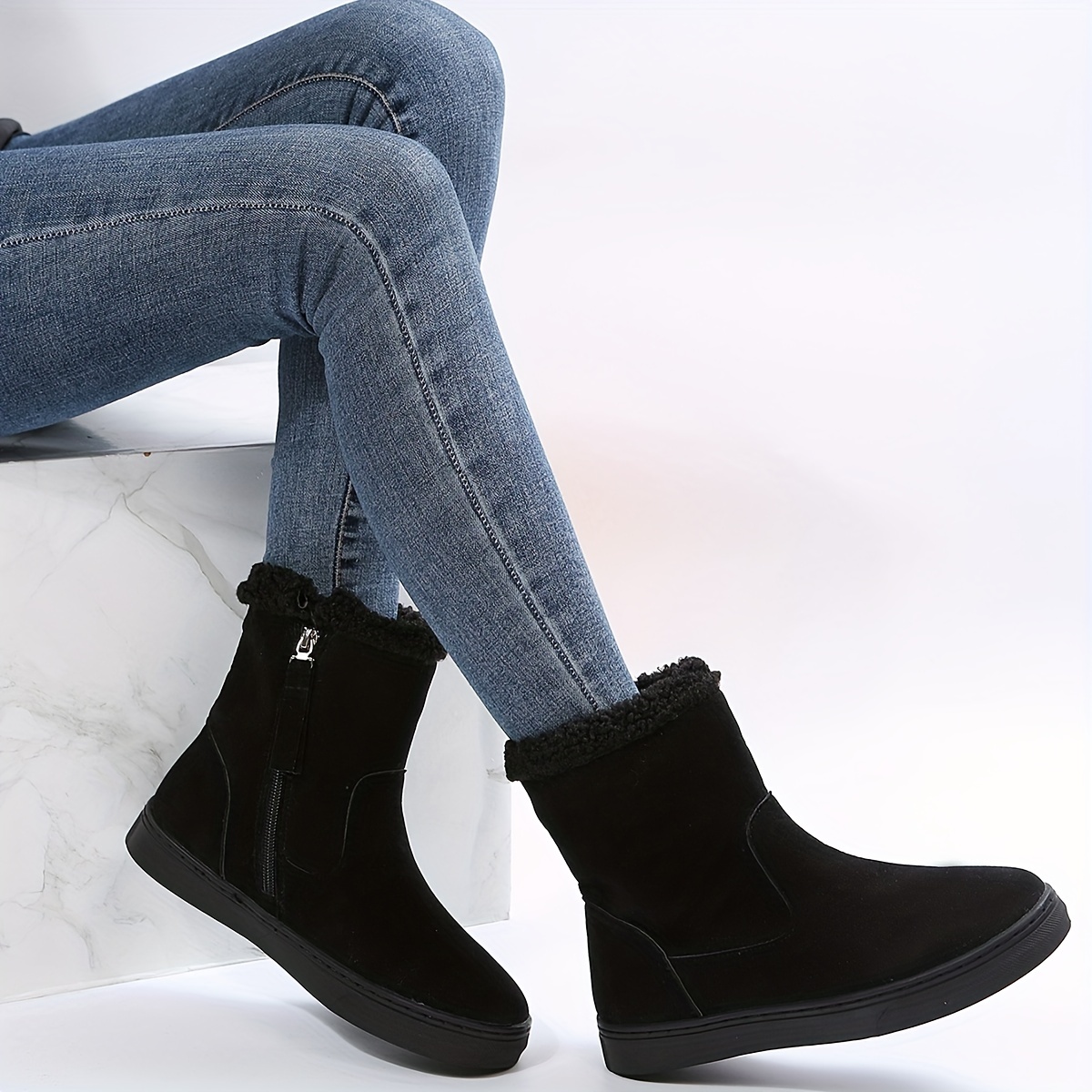 womens solid color short boots casual side zipper plush lined boots womens comfortable boots details 1