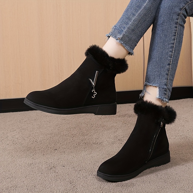 womens solid color fluffy boots side zipper thermal lined platform warm shoes winter plush snow ankle shoes details 0