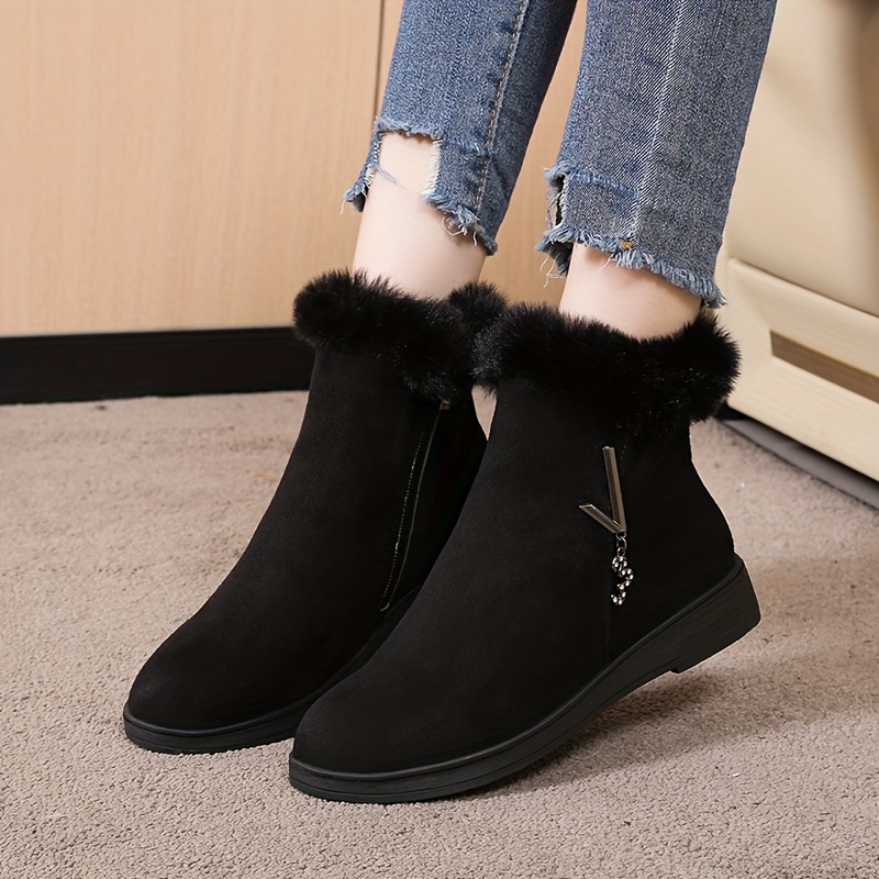 womens solid color fluffy boots side zipper thermal lined platform warm shoes winter plush snow ankle shoes details 3