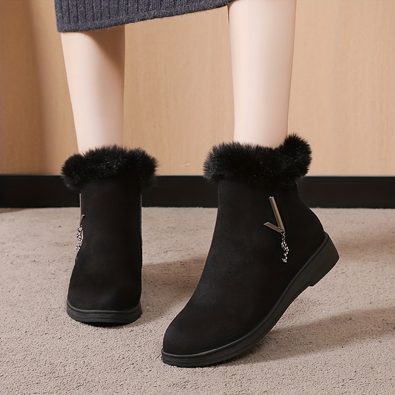 womens solid color fluffy boots side zipper thermal lined platform warm shoes winter plush snow ankle shoes details 5