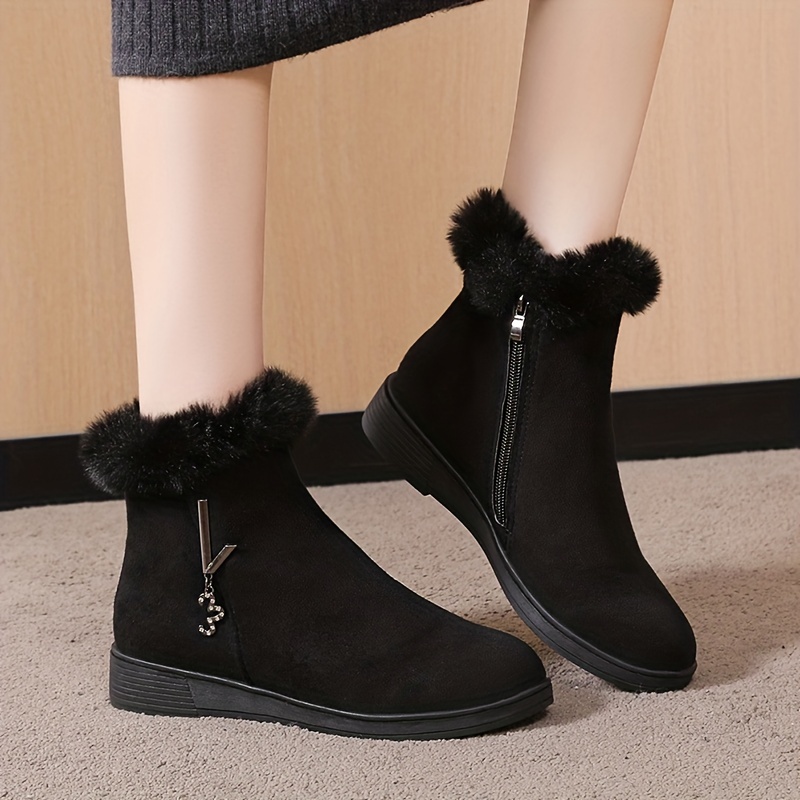 womens solid color fluffy boots side zipper thermal lined platform warm shoes winter plush snow ankle shoes details 7