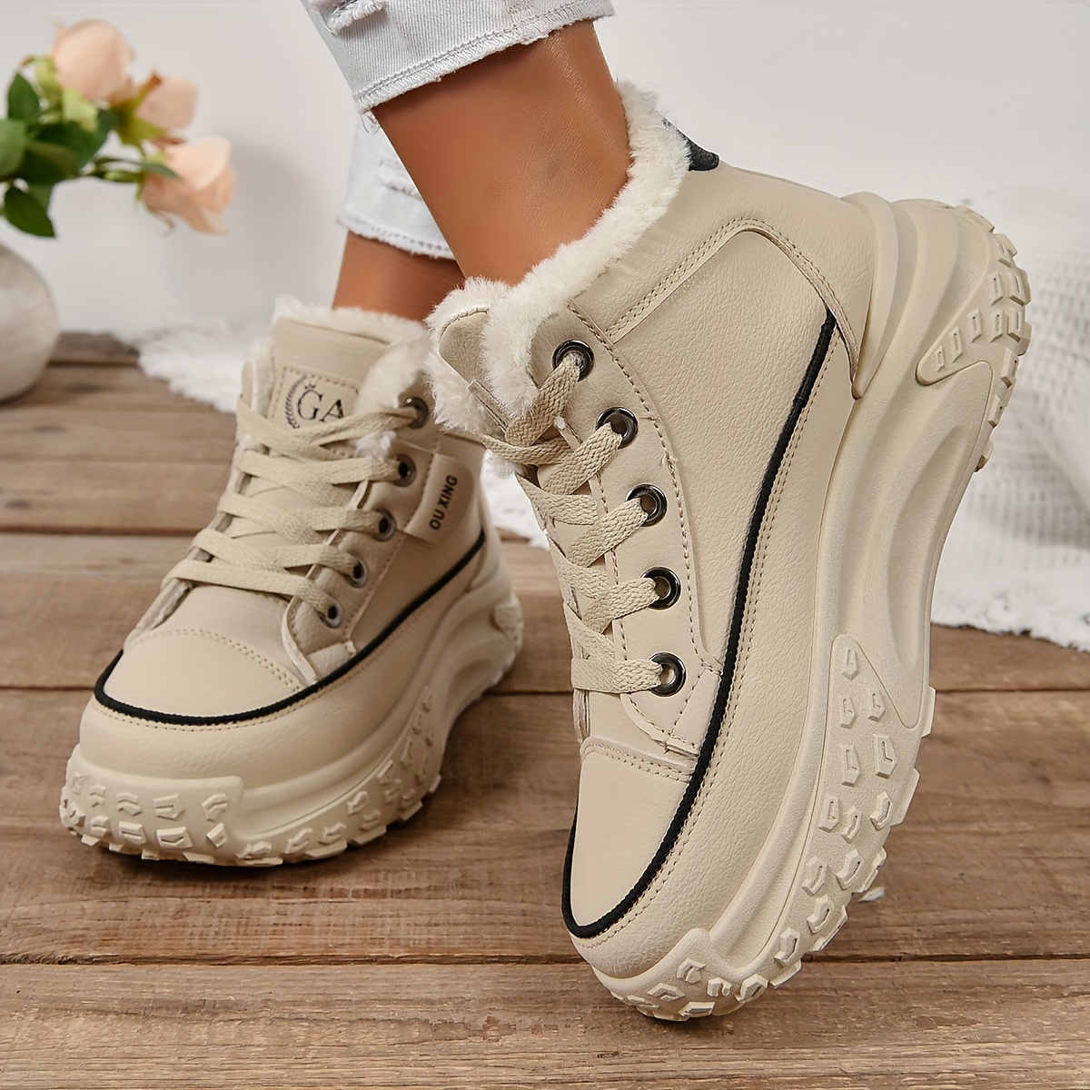 plush lined ankle boots, womens plush lined ankle boots fashion heightening lace up platform boots winter warm outdoor short boots details 18