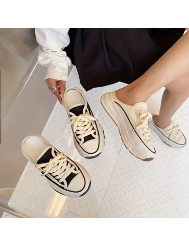 Women's Platform Canvas Shoes, Casual Lace Up Mule Sneakers, Versatile & All-Match Outdoor Shoes