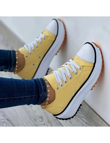 Women's Solid Color Trendy Sneakers, Lace Up Soft Sole Platform Casual Walking Shoes, Versatile Low-top Canvas Shoes