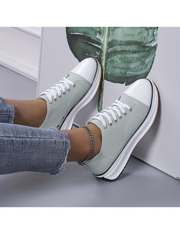 Women's Solid Color Trendy Sneakers, Lace Up Soft Sole Platform Casual Walking Shoes, Versatile Low-top Canvas Shoes