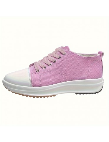 Women's Solid Color Trendy Sneakers, Lace Up Soft Sole Platform Casual Walking Shoes, Versatile Low-top Canvas Shoes