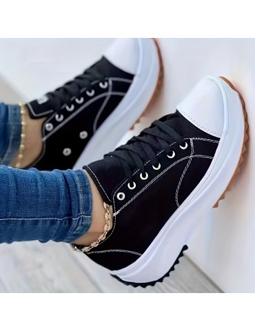 Women's Platform Canvas Sneakers, Solid Color Lace Up Low Top Trainers, Casualall-Match Walking Shoes