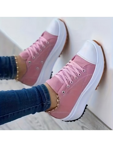 Women's Platform Canvas Sneakers, Solid Color Lace Up Low Top Trainers, Casualall-Match Walking Shoes