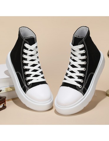 Women's Solid Color Casual Shoes, Lace Up Comfy Platform Soft Sole Shoes, Versatile High-top Canvas Shoes