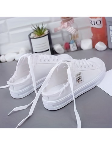 Women's Solid Color Canvas Shoes, Slip On Lace Up Round Toe Non-slip Half Drag Casual Slides Shoes, Comfy Outdoor Shoes