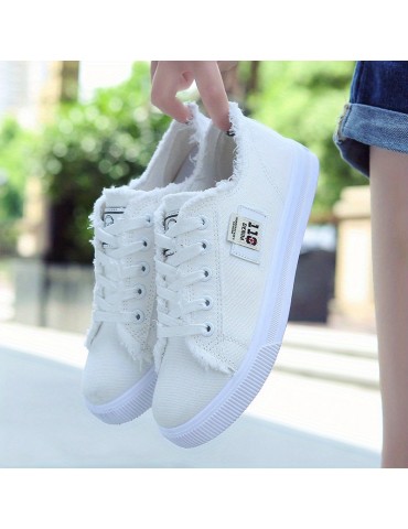 Women's Classic Canvas Flat Shoes, Solid Color Lace Up Low-top Casual Shoes, Women's Comfy Footwear
