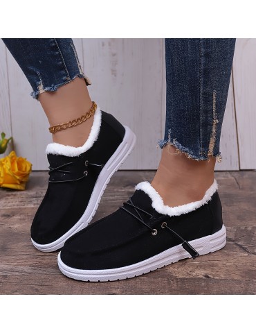 Women's Solid Color Lined Shoes, Slip On Fluffy Warm Flat Non-slip Canvas Shoes, Plush Winter Comfy Shoes