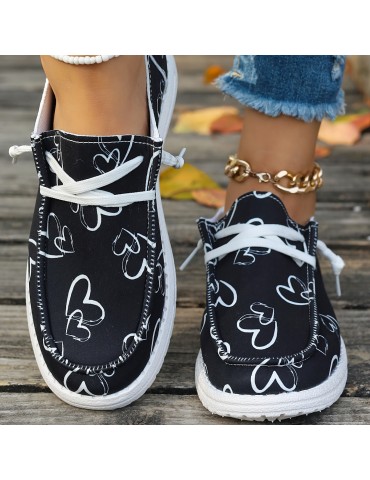Women's Heart Pattern Loafers, Lightweight Slip On Casual Soft Sole Shoes, Valentine's Day Canvas Shoes