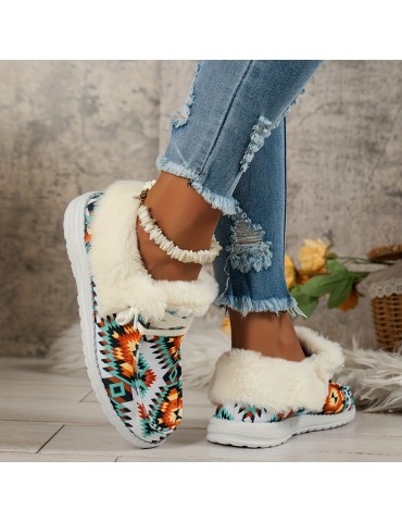 Women's Geometric Pattern Canvas Shoes, Casual Lace Up Plush Lined Shoes, Comfortable Low Top Sneakers