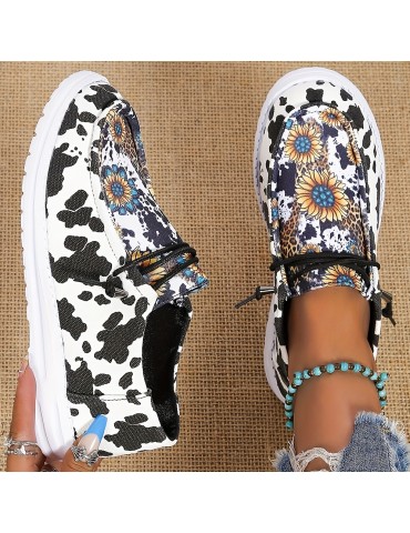 Women's Sunflower Print Canvas Shoes, Lightweight Low Top Lace Up Shoes, Women's Fashion Walking Shoes
