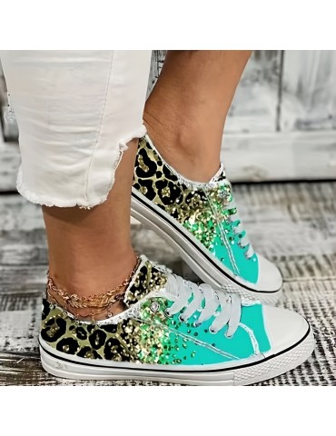 Women's Rhinestone & Leopard Decor Canvas Shoes, Low Top Lace Up Slip-on Shoes, Casual & Lightweight Shoes