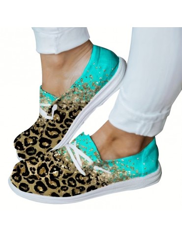 Women's Rhinestone & Leopard Decor Canvas Shoes, Low Top Lace Up Slip-on Shoes, Casual & Lightweight Shoes