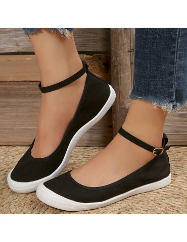 Women's Balck Canvas Shoes, Casual Buckle Strap Flat Shoes, Women's Daily Outdoor Shoes