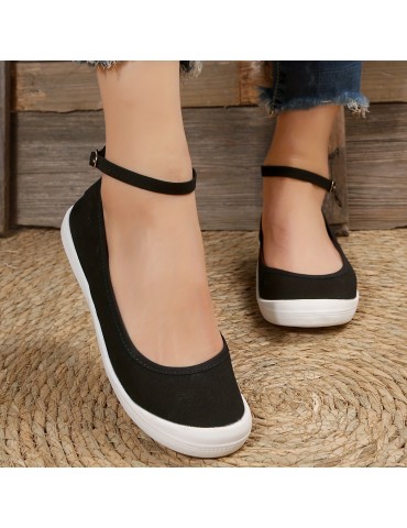 Women's Balck Canvas Shoes, Casual Buckle Strap Flat Shoes, Women's Daily Outdoor Shoes