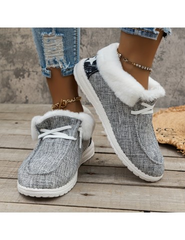 Women's Fluffy Fleece Lined Canvas Shoes, Thermal Slip On Low Top Shoes, Winter Warm Flat Shoes