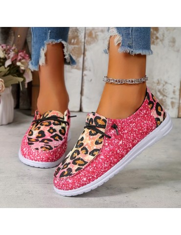 Women's Leopard Print Canvas Shoes, Casual Lace Up Outdoor Shoes, Lightweight Low Top Sneakers