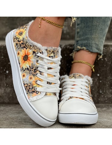 Women's Sunflower Print Canvas Shoes, Casual Lace Up Outdoor Shoes, Lightweight Low Top Walking Shoes