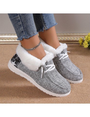 Women's Plush Lined Canvas Shoes, Warm & Cozy Slip On Snow Boots, Thermal Winter Ankle Boots
