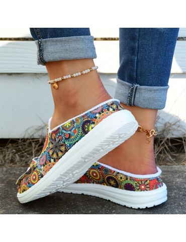 Women's Floral Print Canvas Shoes, Slip-on Round Toe Lightweight Casual Shoes, Women's Comfy Walking Flat Shoes