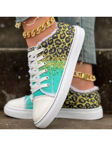 Women's Leopard Print Canvas Shoes, Casual Glitter Sequins Decor Lace Up Shoes, Lightweight Low Top Sneakers