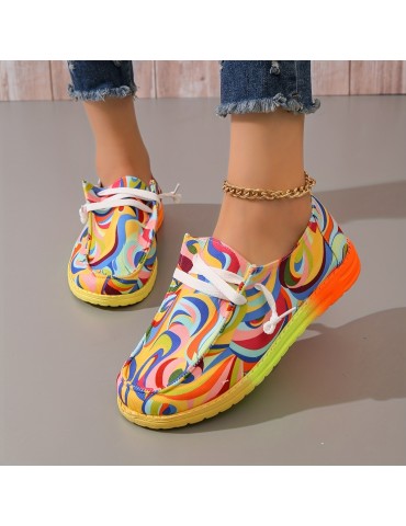 Women's Abstract Color Canvas Shoes, Casual Lace Up Outdoor Shoes, Lightweight Low Top Shoes