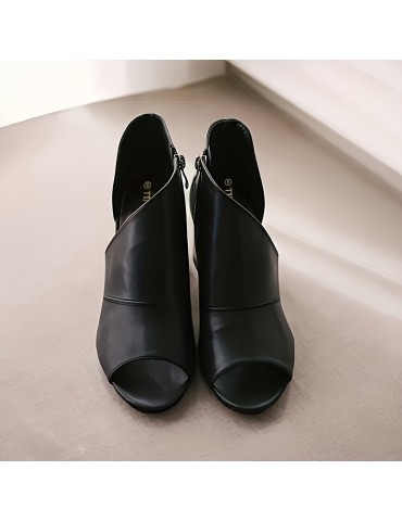 Women's Side Cut-out Block Heel Sandals, Peep Toe Side Zipper Stacked Heel Shoes, Fashionable High Heels