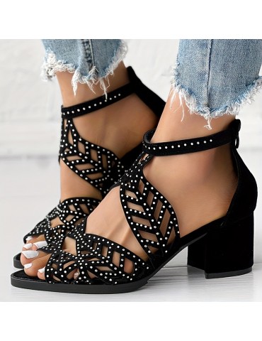 Women's Boho Hollow Out Block Heels, Peep Toe Back Zipper Low Heel Sandals, Fashion Dress Heels