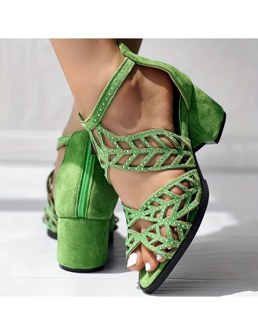 Women's Boho Hollow Out Block Heels, Peep Toe Back Zipper Low Heel Sandals, Fashion Dress Heels