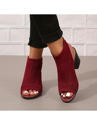 Women's Chunky Heeled Sandals, Knitting Peep Toe Slip On Slingback Low Heels, Fashion Fabric Sandals